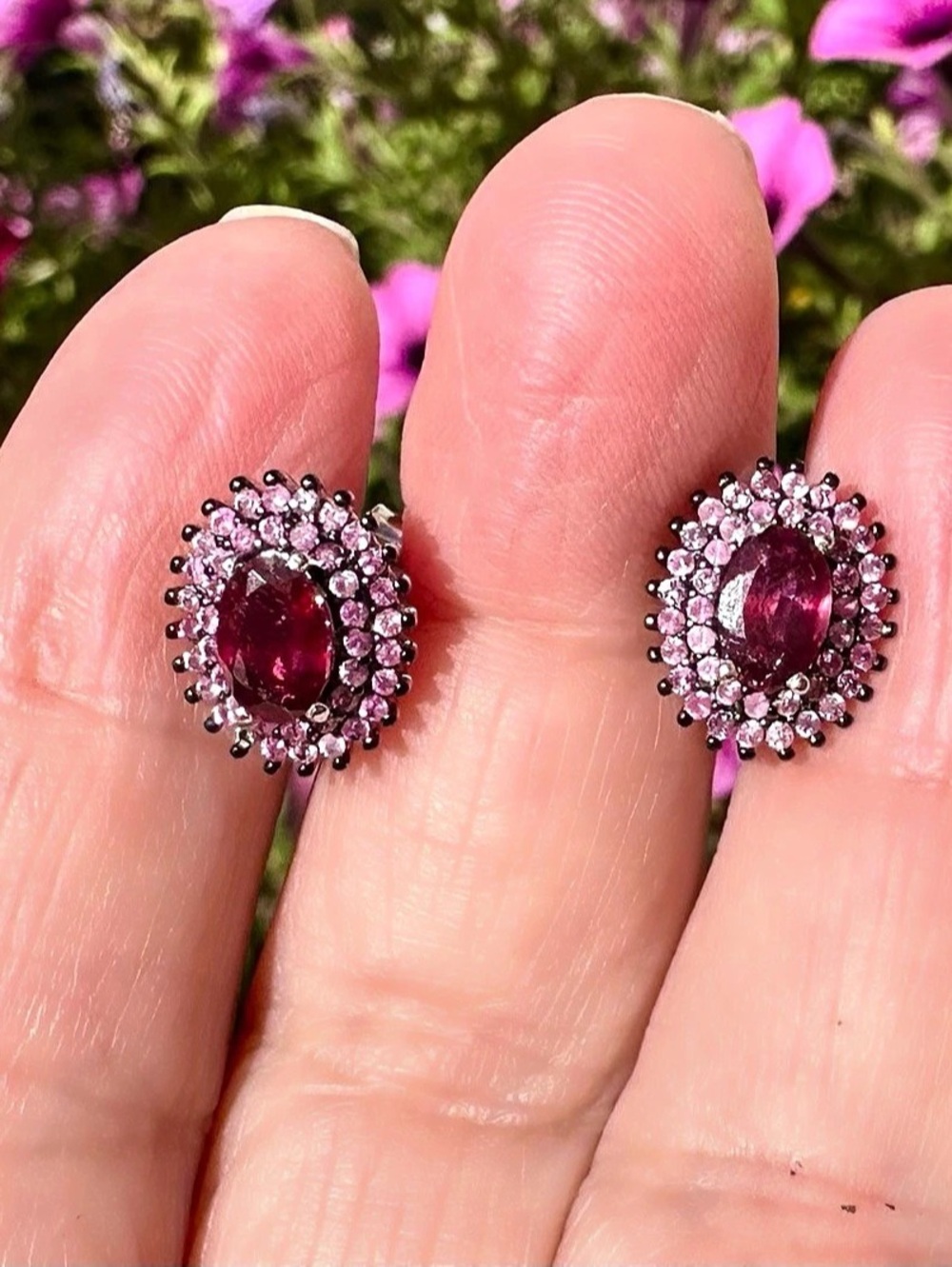 Genuine Ruby Halo Stud Earrings, Sterling Silver, BRAND NEW